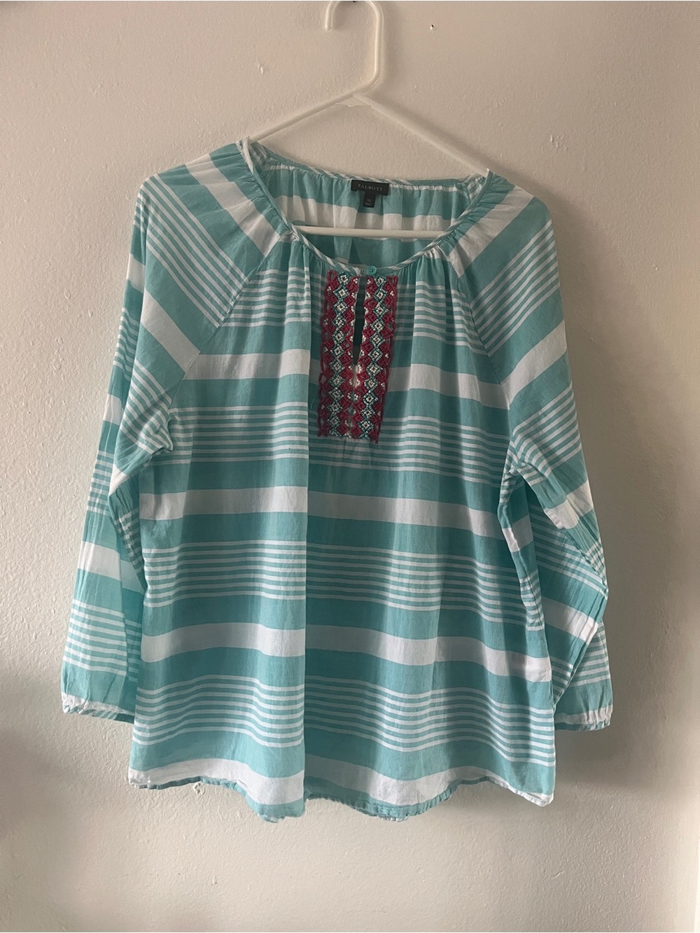 Talbots Teal and White Striped Peasant Blouse with Embroidered Yoke
